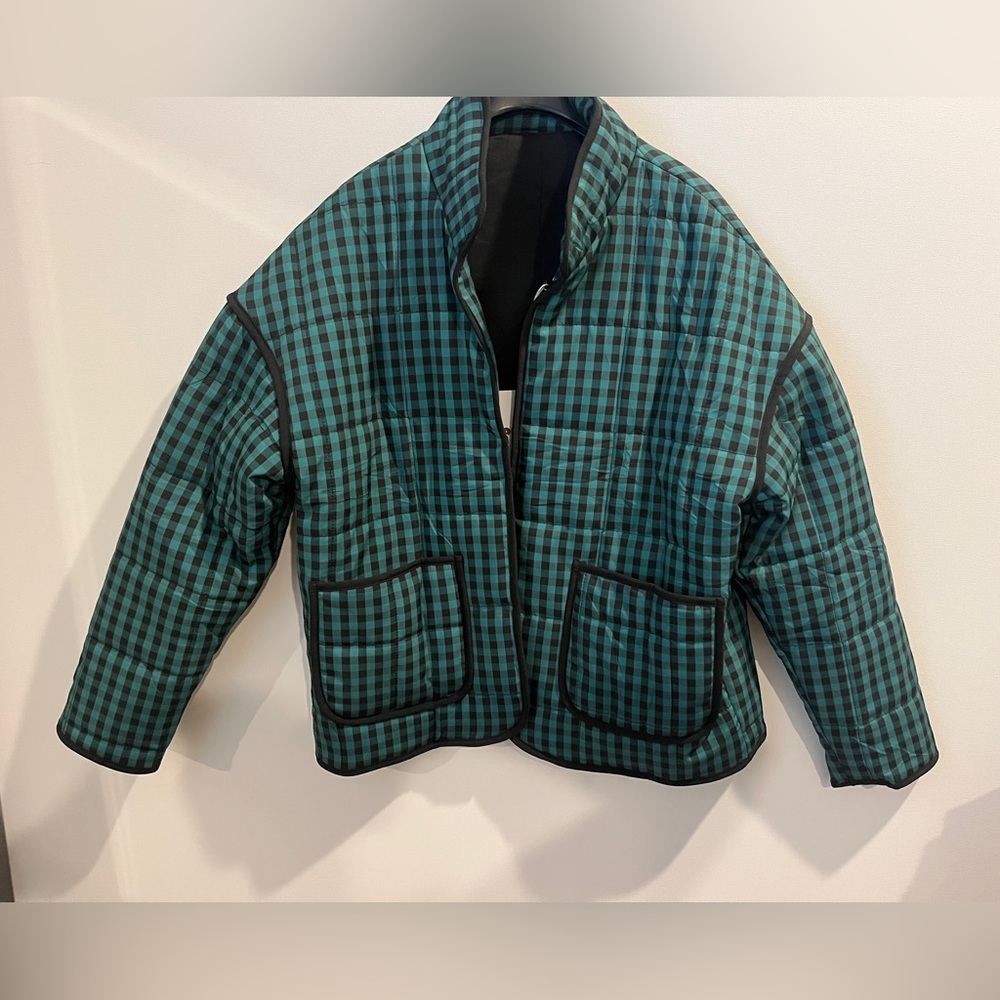 Oversized Green and Black Checkered Puffer Jacket S
